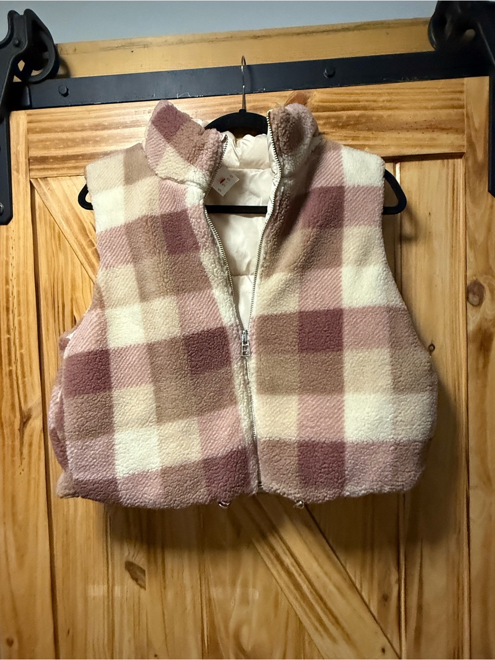 Reversible Plaid Pink & Cream Sherpa Zip Vest
